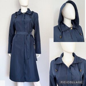 NWT WOMEN PLUS SIZE TRENCH COAT NAVY BLUE HOOD COAT BELTED LINED JACKET RAINCOAT